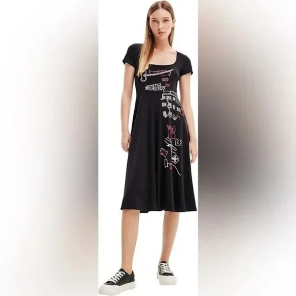 Desigual Broadway Road Artsy Print Black Dress Cotton - Knee Lenght - Picture 8 of 12